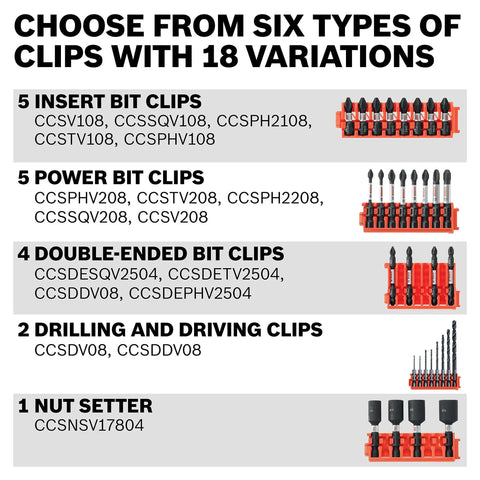 Variety of six clip types with 18 variations for Eight Piece 2 Inch Impact Tough Phillips Power Bits Set With Clip For Custom Case Rig