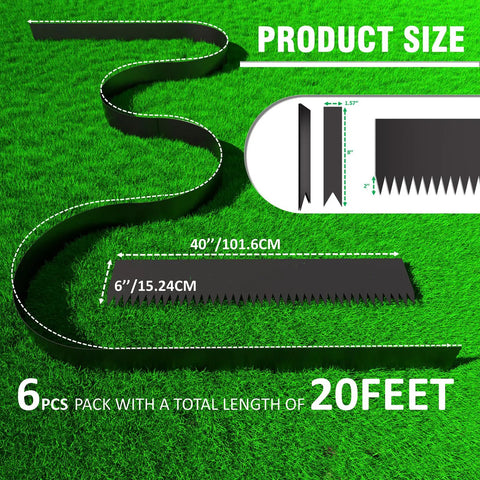 Heavy Duty Galvanized Steel Landscape Edging Kit With Six Stakes For Lawn And Garden Borders, 20 Ft Total Length, 40 Inch Long By 6 Inch High, Rust Resistant Hammer In Border illustrated on grass background with measurements.