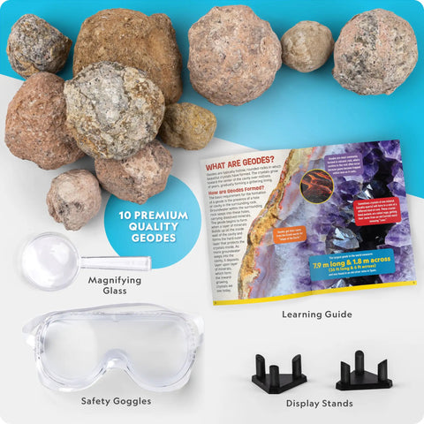 Hands On Geode Break Open Kit For Kids With 10 Premium Geodes And Crystal Treasures Inside, Includes Goggles And 2 Display Stands