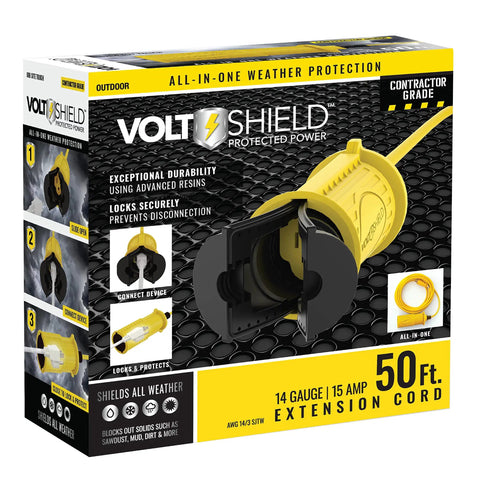 Built Like A Tank 50 Ft 14 3 Sjwt Heavy Duty Extension Cord With All In One Weather And Kink Resistant Shielding Flame Retardant Yellow Jacket secure three prong grounded plug shown in packaging.
