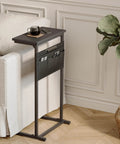 C Shaped End Table For Small Spaces With Storage Bag, Space Saving Couch Side Table For Sofa, Black LET501B beside sofa