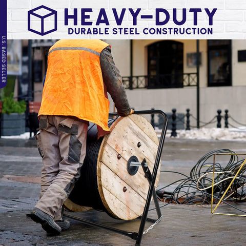 Heavy Duty Wire Spool Rack And Cable Caddy In Black with steel spool holder being used by worker outdoors.