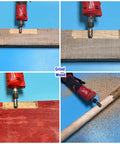 4-piece carbide burr set with 1/4 inch shanks used in a red Milwaukee die grinder to carve grooves in wood