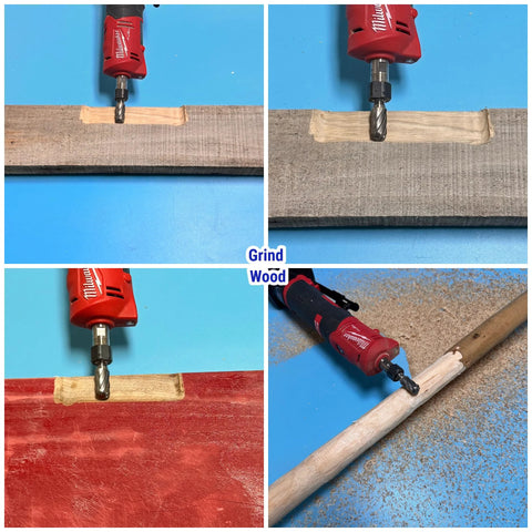 4-piece carbide burr set with 1/4 inch shanks used in a red Milwaukee die grinder to carve grooves in wood