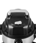 Close-up of Heavy Duty Wet Dry Vacuum Cleaner For Home, Garage, Or Job Site Use with sturdy black and grey top.
