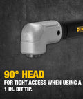 Right Angle Drill Attachment With Magnetic Compact Ergonomic 90 Degree Adapter For Impact Ready Performance, 1.5 Inch Front To Back Design, Built Tough Metal Gear Case, Slim Profile For Tight Spaces And Easy Fastener Access showing 90° head for tight access with 1 in. bit tip.