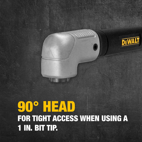Right Angle Drill Attachment With Magnetic Compact Ergonomic 90 Degree Adapter For Impact Ready Performance, 1.5 Inch Front To Back Design, Built Tough Metal Gear Case, Slim Profile For Tight Spaces And Easy Fastener Access showing 90° head for tight access with 1 in. bit tip.
