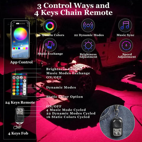 Rock Lights Kit Dope With 16 Million Colors App Control And Music Sync, image of lighting features and control options
