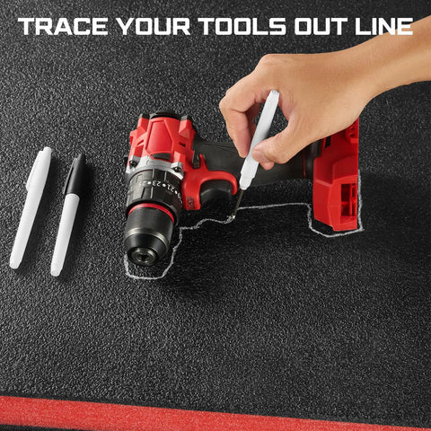 Precision Foam Cutting Kit For Custom Shadow Foam Organizers With Heavy Duty Utility Blades, outlining tools on black foam.
