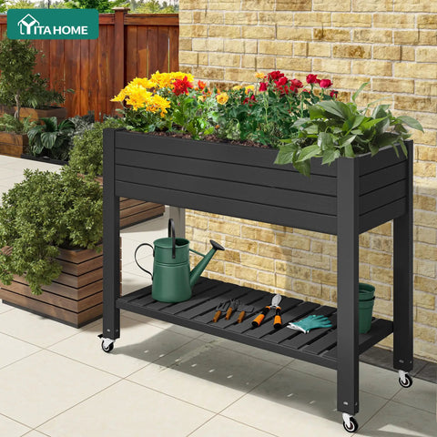 Elevated Garden Bed With Wheels And Storage Shelf For Outdoor Use Plastic Planter Box With Drain Plug Central Divider And Water Level Float System For Precise Moisture Control For Plants Vegetables Flowers And Herbs Black, front view