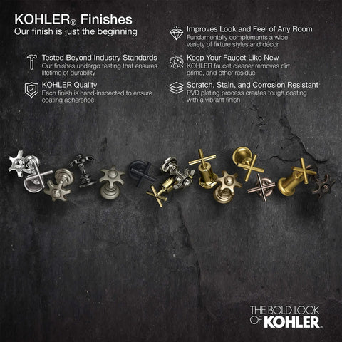 Variety of KOHLER® faucet handles showcasing multiple finishes, textures, and styles on a dark stone background with branding.