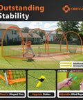Baseball player practicing in 30 Ft Backyard Batting Cage With Frame And Net Heavy Duty Baseball Training Netting, orange.