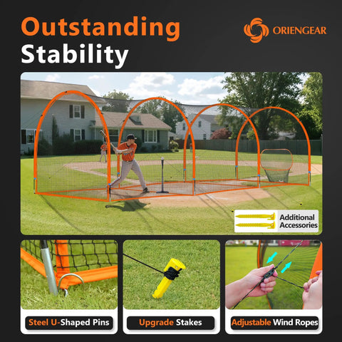 Baseball player practicing in 30 Ft Backyard Batting Cage With Frame And Net Heavy Duty Baseball Training Netting, orange.