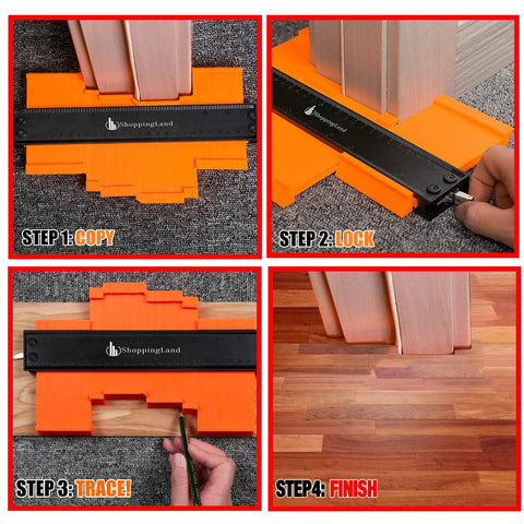 Step-by-step use of Pro Grade Contour Gauge For Woodworking And Carpentry Adjustable Profile Tool for copying irregular shapes.