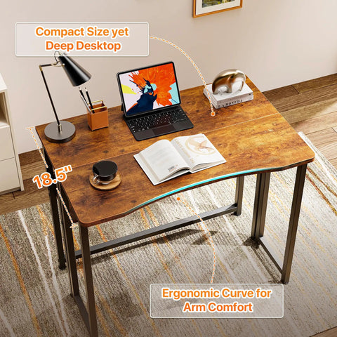 Foldable Computer Desk With Storage Shelf For Small Spaces Space Saving Sofa Table Beside The Couch Easy To Fold Rustic Brown Finish shown with laptop and lamp