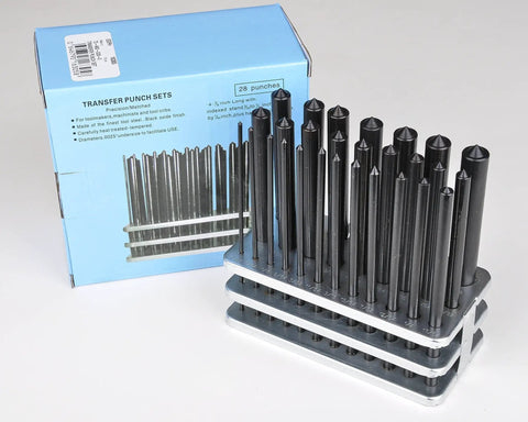 Steel Transfer Punch Set with Index Stand 28 Piece Pack, sizes 3/32 to 1/2 inch, displayed in a metal stand, box in background