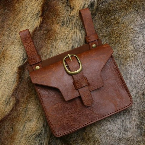 Easy Adjust Vintage Brown Leather Waist Belt With Heavy Duty Industrial Buckle Dope Gritty Look For Larp Cosplay Historical Party Props And Weekend Kickbacks Built Solid Perfect Fit, displayed on fur background.