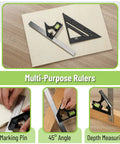 Rafter And Combination Square Tool Set For Woodworking, 7 Inch Rafter Square And 12 Inch Aluminum Carpenter Square on table