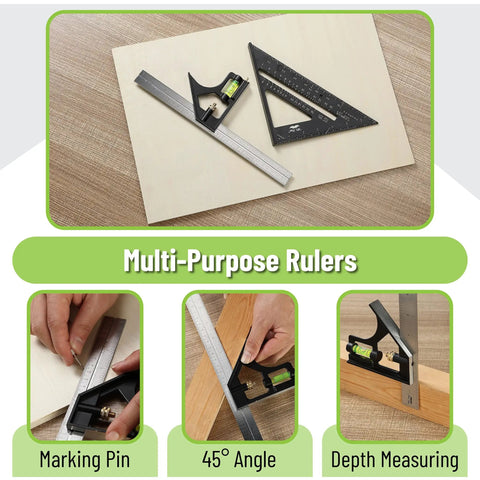 Rafter And Combination Square Tool Set For Woodworking, 7 Inch Rafter Square And 12 Inch Aluminum Carpenter Square on table