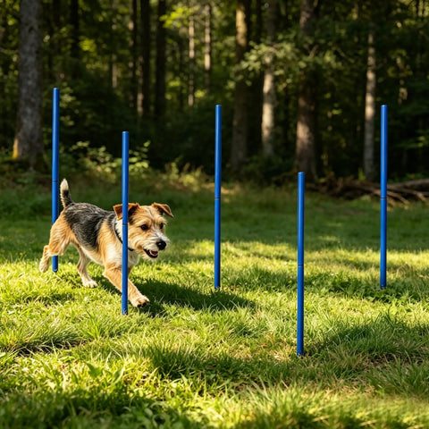 Dog running through Dog Agility Jump Set With Adjustable Hurdles And Weave Poles For Indoor Outdoor Backyard Training, Includes Two Wave Poles