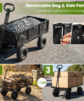 Heavy Duty Metal Garden Cart With 880 LB Load Capacity, filled with stones, showing mesh sides, handle, and 10 inch tires