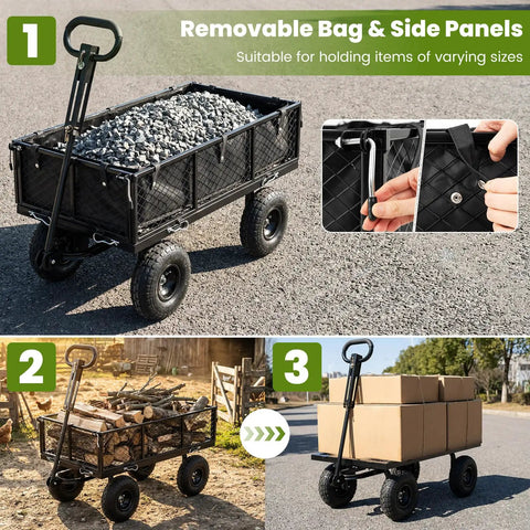 Heavy Duty Metal Garden Cart With 880 LB Load Capacity, filled with stones, showing mesh sides, handle, and 10 inch tires