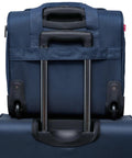 smart underseat carry-on with USB charging, navy blue roller bag with telescopic handle and wheels