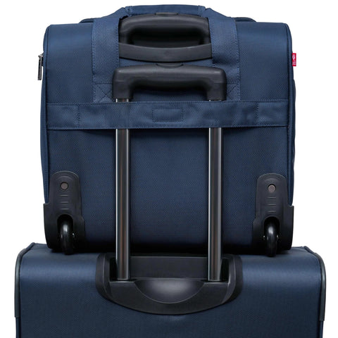 smart underseat carry-on with USB charging, navy blue roller bag with telescopic handle and wheels