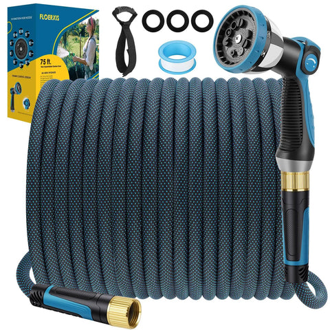 Non Expandable 75 Ft Garden Hose With 10 Function Spray Nozzle Lightweight No Kink Water Hose Durable Leak Proof Construction 360 Degree Swivel Connectors Portable Storage Strap For Easy Yard Cleanup, coiled with nozzle
