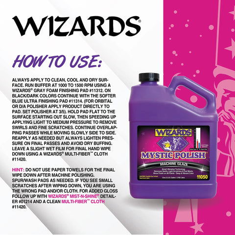 Wizards Mystic Polish machine glaze instructions with purple bottle, part of Motorcycle Detailing Kit 5 Piece Set With Saddle Pack, Bike Surface Cleaner, Tire Cleaner, Stain Remover, And Tire Protectant, Pro Grade Detailing Supplies For A Showroom Shine On Any Ride.