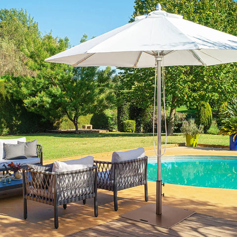 Heavy Duty 50 Lb Patio Umbrella Base Portable Outdoor Stand With 24 Inch Square Holder in a poolside patio setup