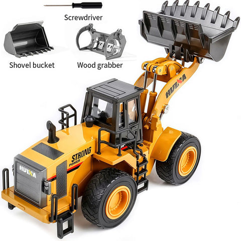 Alloy Loader Truck Toy For Kids with accessories including shovel bucket, wood grabber, screwdriver; durable and kid-friendly.