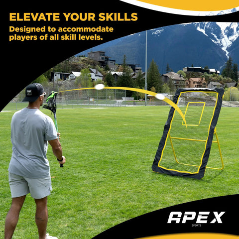 Person practicing with Lacrosse And Volleyball Rebounder Net 4x7 Feet With Adjustable Five Angles For Soccer And Baseball Practice