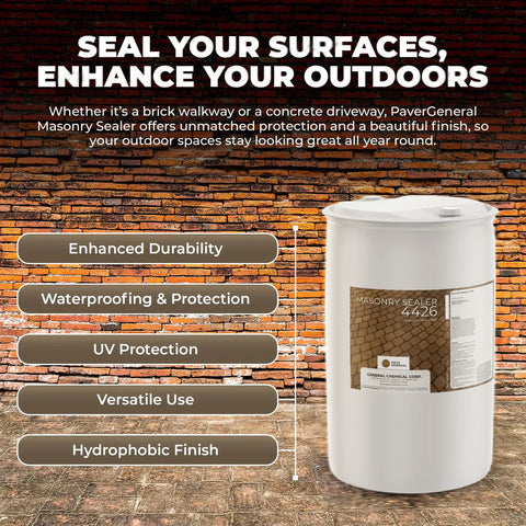 Premium Penetrating Masonry Sealer For Concrete Brick And Pavers Sets Up Tough As Nails Water Barrier 55 Gallon drum on a brick background.