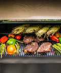 Wood Pellet Grill And Smoker That Delivers Wood Fired Flavor With Big 884 Square Inches Cook Area And Bronze Finish 450 Degree Max Meat Probe 6 In 1 Versatility For Smokin Grilling Baking Roasting Braising And Searing loaded with vegetables and meat