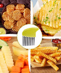 Green-handled stainless steel crinkle cutter with a wavy blade for potatoes and vegetables; 2-pack.