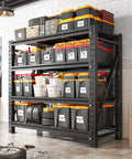 Heavy Duty Garage Shelving Units With 3044 Pound Capacity filled with black and orange storage bins and tools in a workshop.