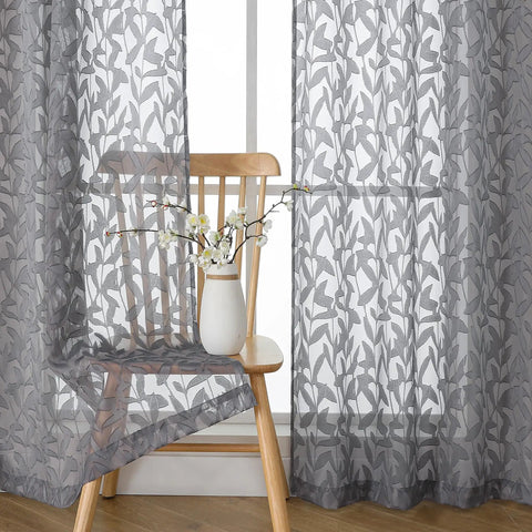 Charcoal Gray Sheer Curtain Panel Set, Two Pieces 40W By 54L Each, Light Filtering Clip Jacquard Drapes With Elegant Leaf Texture