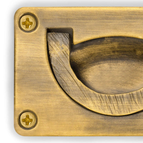 Close-up of Solid Brass Box And Drawer Pulls Set Of 2, 3 Inch Length, Vintage Industrial Cabinet Hardware showing detailed texture