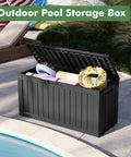 Durable Resin Wood Look Outdoor Storage Box With Lockable Lid, Weatherproof 85 Gallon Deck Box by poolside with open lid