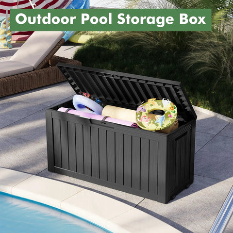 Durable Resin Wood Look Outdoor Storage Box With Lockable Lid, Weatherproof 85 Gallon Deck Box by poolside with open lid