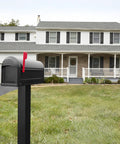 Heavy Duty Metal Post Mounted Mailbox In Black For Outside, Weatherproof Steel Construction, Rust Resistant Finish, Large Curbside Mailbox With Magnetic Latch, Durable Home Mailbox For Rain Snow Sun in front of a house