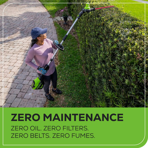 Person using 60V Brushless Cordless Pole Hedge Trimmer With 20 Inch Laser Cut Dual Action Blades No Gas Needed Power Through Thick Branches Ultra Quiet Yard Tool Includes 2Ah Battery And Charger on hedge