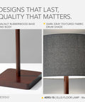 Close-up of Walnut Rubberwood Floor Lamp With Grey Fabric Drum Shade showing walnut base and grey textured shade details.