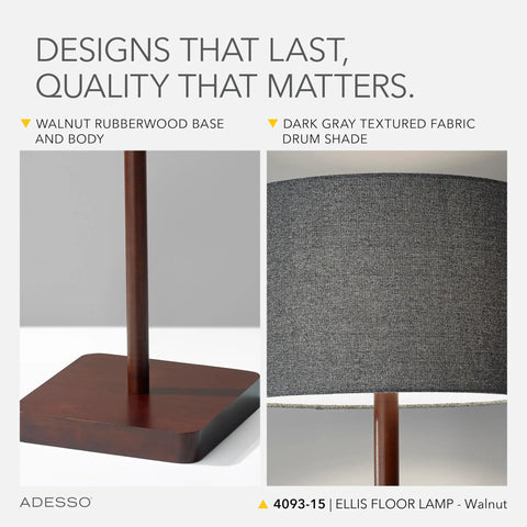 Close-up of Walnut Rubberwood Floor Lamp With Grey Fabric Drum Shade showing walnut base and grey textured shade details.