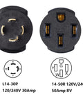 Compact 30 Amp NEMA L14-30P to L14-50R Twist Lock Power Cord Adapter for 120V/240V generators, RVs, welders, and dryers.