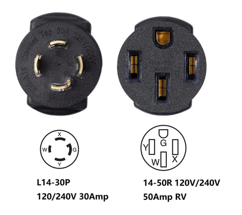 Compact 30 Amp NEMA L14-30P to L14-50R Twist Lock Power Cord Adapter for 120V/240V generators, RVs, welders, and dryers.