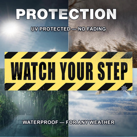 Watch Your Step Adhesive Vinyl Stickers Pack Two Count 10x3 Inch Bright Yellow And Black Hazard Signage For Doors Stairs Thresholds And High Visibility Areas In Homes Offices Warehouses And Public Spaces, waterproof UV protected