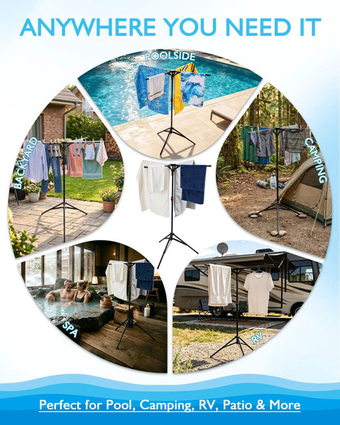 Outdoor Pool Towel Rack With Four Adjustable Arms Freestanding 51 To 71 Inches Height Foldable Drying Rack for Towels and Swim Gear