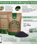 Broccoli Sprouting And Microgreens Seeds Kit 1 Lb Resealable Bag Non GMO Heirloom Sprout Seeds For Soil Coconut Coir Aerogarden And Hydroponics Perfect For Growing Microgreens At Home front view with seeds displayed.